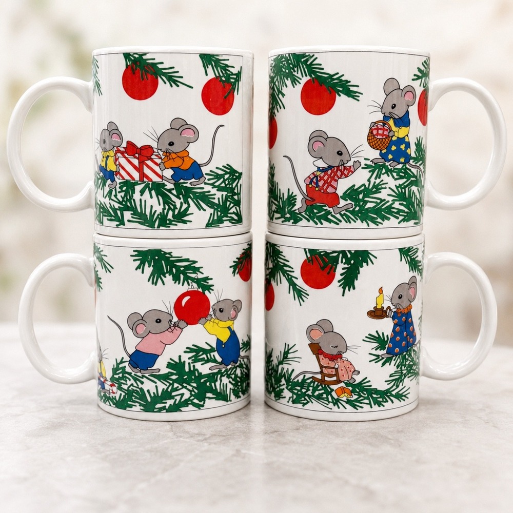 Vintage Jebba Christmas Mice Coffee Mugs Set 4 Made in Japan Retro Holiday Decor